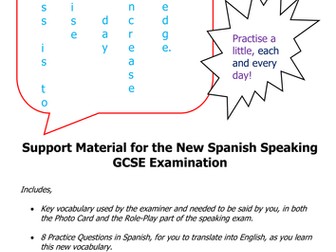 New GCSE Spanish Speaking Exam - 3 Page Document with Key Vocab and also Translation Exercises.