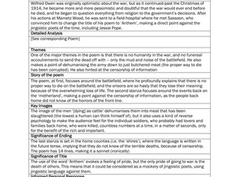 "Songs of Ourselves" (Cambridge iGCSE English) Revision Sheets