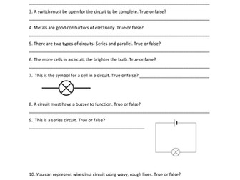 Electricity Quiz - True or False (Assessment for start of unit)