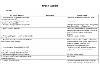 AQA GCSE Science - 10 Quick Factual Recall Questions - Forces