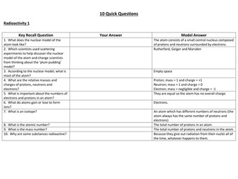 AQA GCSE Science - 10 Quick Factual Recall Questions - Radioactivity, Fission and Fusion