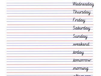 Cursive handwriting sheets for days of the week, months, seasons