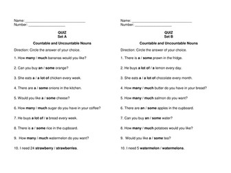 QUIZ (A&B versions) on the subject of countable/uncountable nouns