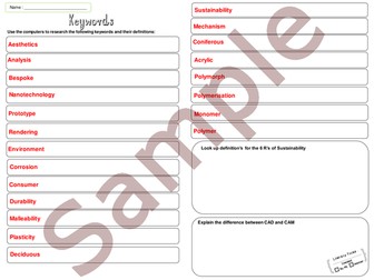 KS3 Keywords Design and Technology Define Keyword Activity/Homework A3 Page