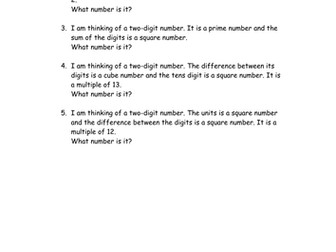Year 5 I am thinking of a number including knowledge of square, cube and prime numbers.