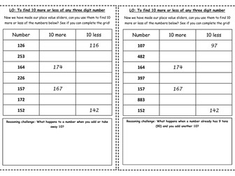 Finding 10 more or 10 less than a number activity