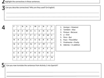 worksheets on connectives for French, Spanish and German