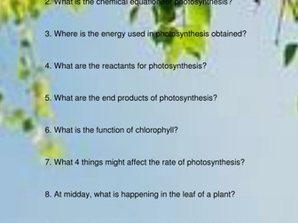 Photosynthesis Quiz for Foundation/KS3 Pupils