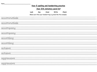 Year 5 statutory words handwriting practise worksheets