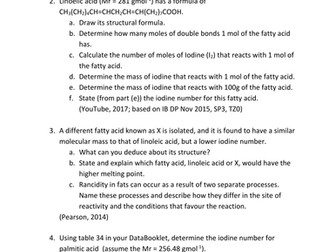 Iodine number calculations for IB DP Biochemistry SL students