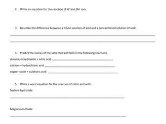 Year 8 Acids and Alkalis Topic Review Worksheet (or Test Recovery Questions)