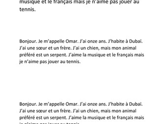 Simple questions and answers in French, with running dictation text/activity