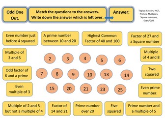 Odd One Out Worksheet - Prime numbers, multiples, squares, factors