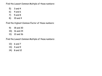 Highest common factor and lowest common multiple worksheet
