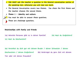 German GCSE Speaking -  General Conversation - Theme 1-  Differentiated Questions and answers