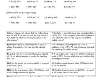 Percentage worksheet