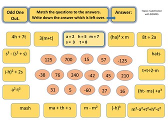 Odd One Out puzzle worksheet- Substitution with BIDMAS - medium to challeging