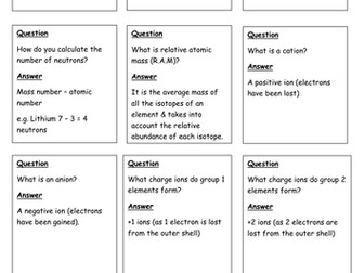 Atomic structure & ionic bonding quiz, quiz trade cards