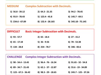 Subtraction with Decimals - Differentiated