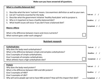 Sport Science LO1 - Nutrition Checklist
