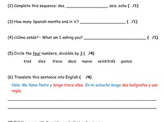 Spanish Mira 1 - Module 1 Revision Quiz and Game for Start of Module 2: Numbers, Months, Bag Items