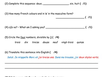 French - Expo 1 Module 1 Revision, prior to Module 2. Quiz + game: numbers, bag items, colours etc