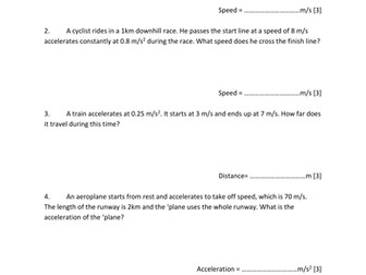 Calculations using v2 = u2 + 2as for GCSE