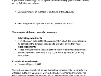 AQA A Level Sociology - Education and Research Methods - Experiments