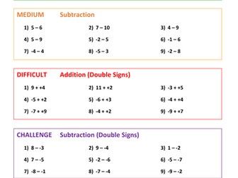 Negative Numbers - Addition & Subtraction - Differentiated