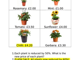Percentages of amounts - differentiated. Garden centre themed
