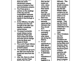 Revision Sheet on the Mass - GCSE religious studies.  Catholic Christianity.