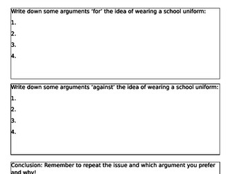 Discursive Writing Planning Worksheet