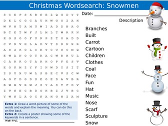 Christmas Snowmen Wordsearch End of Term Quiz Starter Settler Activity Homework Cover Lesson