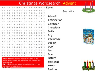 Christmas Advent Wordsearch End of Term Quiz Starter Settler Activity Homework Cover Lesson