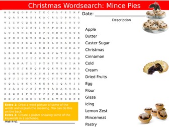 Christmas Mince Pies Wordsearch End of Term Quiz Starter Settler Activity Cover Food Technology
