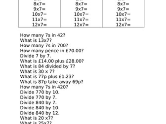 Seven Times Table Worksheet practice