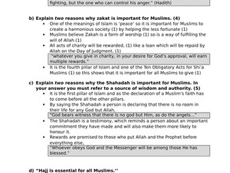 Living the Muslim Life Assessment with mark scheme and feed forward sheet