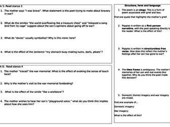 Poppies - Analysis Sheet - Power and Conflict AQA GCSE