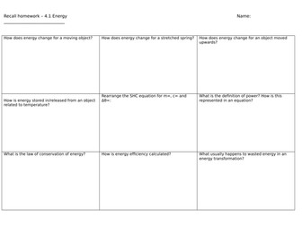 4.1 Energy Recall worksheet