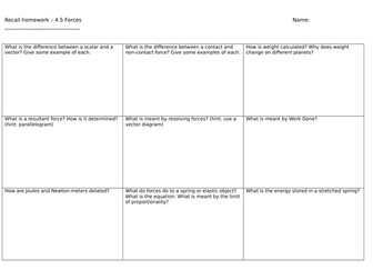 Recall worksheets for AQA Physics - Paper 2