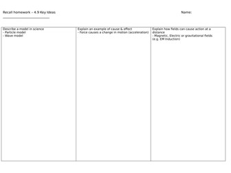 Recall worksheets for AQA Physics - Key ideas & practicals