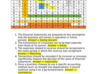 Accounting Concepts and Principles crossword of 20 key terms Q and A