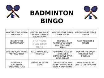 Badminton Bingo Task Card
