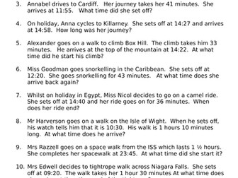 Time word problems Year 5 / Year6  (calculation of journey times, start and arrival times)