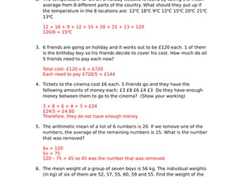 Mean average - including problem solving and applying knowledge to different scenarios