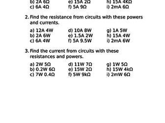 Power, current and resistance practice questions
