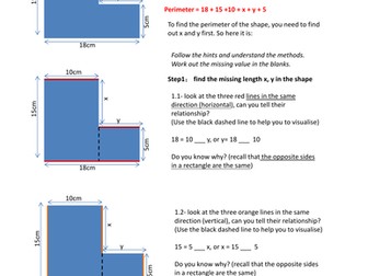 A scaffolding worksheet of finding the missing length & perimeter of a compound shape