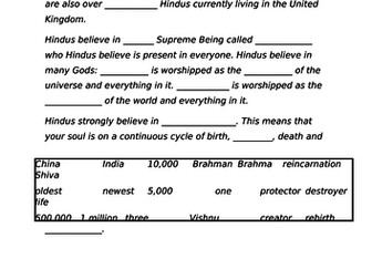 What do Hindus believe? Missing word activity