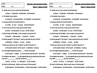 AQA RE One mark Question Starter sheets on Christian Beliefs and Practices.