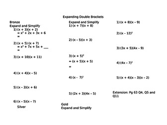 Differentiated Worksheet on Expanding Double Brackets